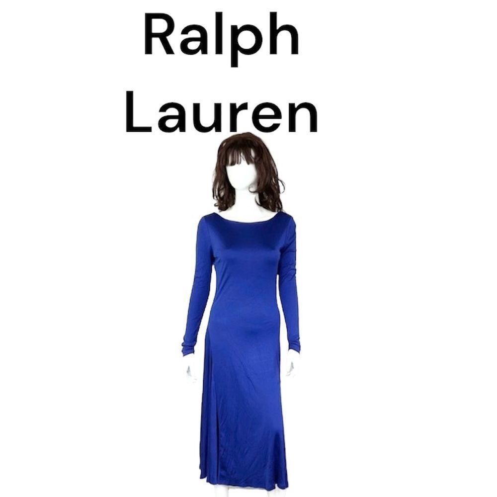 Ralph Lauren Blue Label Silk Boat Neck Long Sleeve Scoop Back Midi Dress M